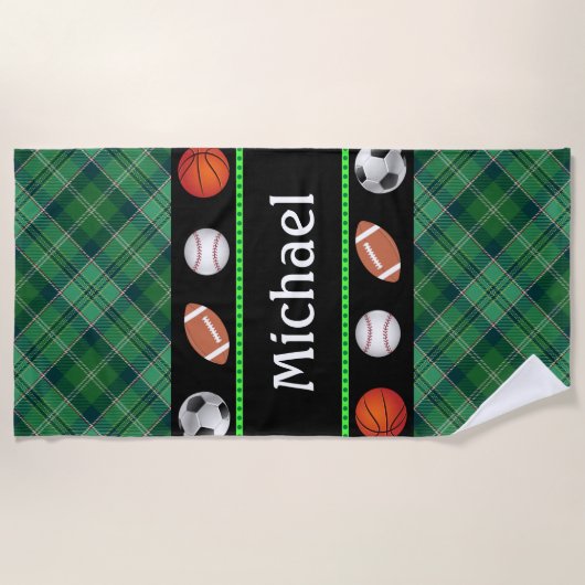Green Tartan Basketball Baseball Fußball Fußball F Strandtuch (Vorderseite)
