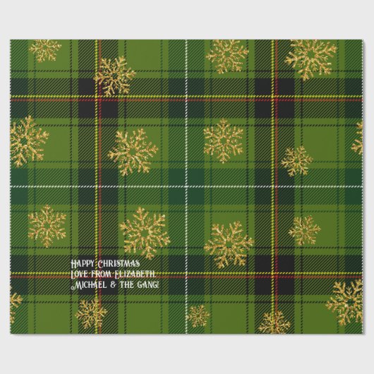 Green Tartan Gold Snowflake Personalisierte Weihna Geschenkpapier (Flach)