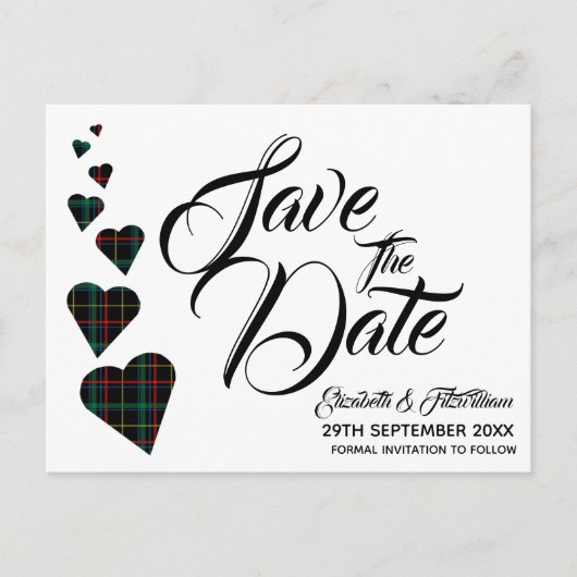 Green Tartan Herz Save the Date Postkarte (Vorderseite)