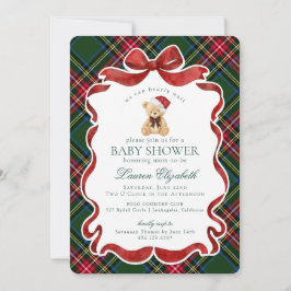 Green Tartan Plaid Christmas Bear Baby Shower Einladung