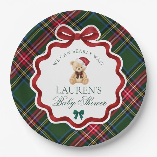 Green Tartan Plaid Christmas Bear Baby Shower  Pappteller (Vorderseite)