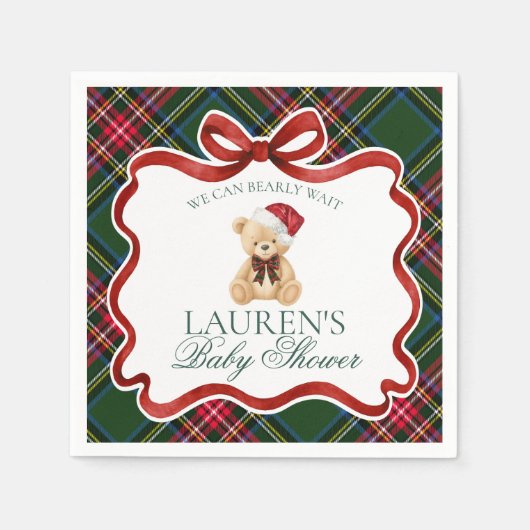 Green Tartan Plaid Christmas Bear Baby Shower Serviette (Vorderseite)