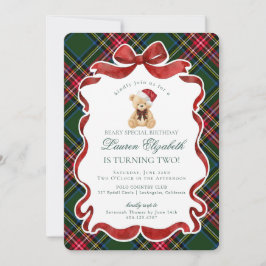 Green Tartan Plaid Christmas Bear Birthday Einladung