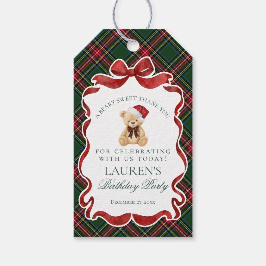 Green Tartan Plaid Christmas Bear Birthday Favors Geschenkanhänger (Vorderseite)