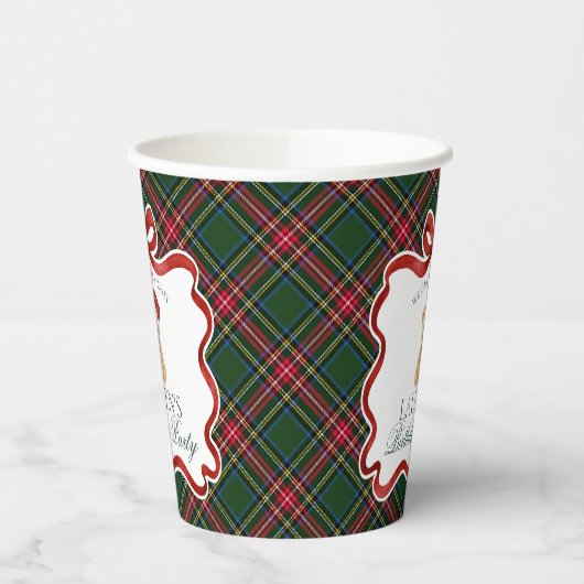 Green Tartan Plaid Christmas Bear Birthday Party Pappbecher (Links)