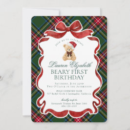 Green Tartan Plaid Christmas Beary First Birthday Einladung
