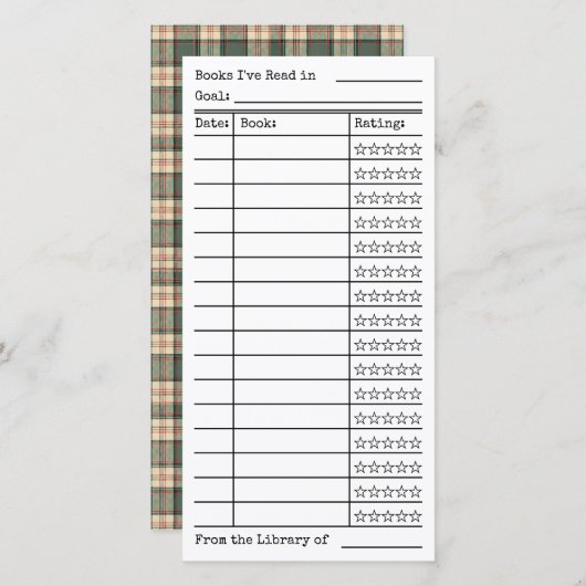 Green Tartan-Plaid Reading List Tracker Flat Card (Vorne/Hinten)