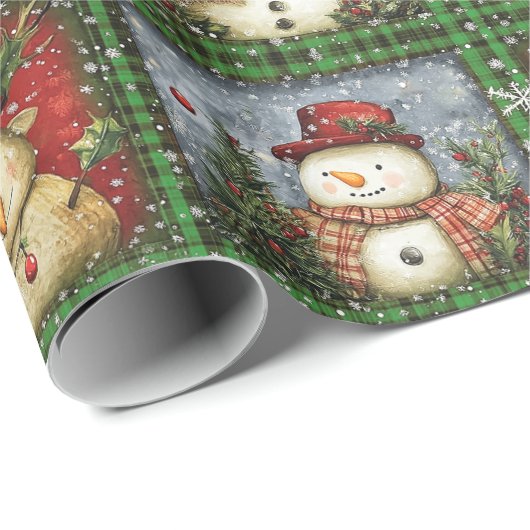 Green Tartan Santa Snowman Rentier Weihnachten Geschenkpapier (Rolleneckpunkt)