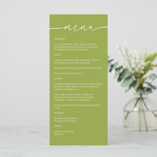 Green Tea ・ Moderne Minimalistische Script Wedding Menükarte (Stehend Vorderseite)