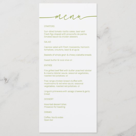 Green Tea ・ Moderne Minimalistische Script Wedding Menükarte (Vorderseite)