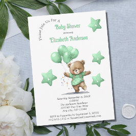 Green Teddy Bear Balloons Stars Boy Baby Dusche Einladung