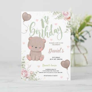 Green Teddy Bear Erster Geburtstag Einladungskarte Einladung