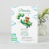 Green Teddy Bear Flugzeug 5. Geburtstag Einladung (Stehend Vorderseite)