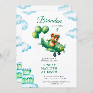 Green Teddy Bear Flugzeug 5. Geburtstag Einladung