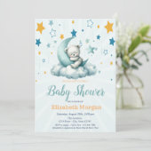 Green Teddy Bear, Stars Cloud Moon Babydusche Einladung (Stehend Vorderseite)