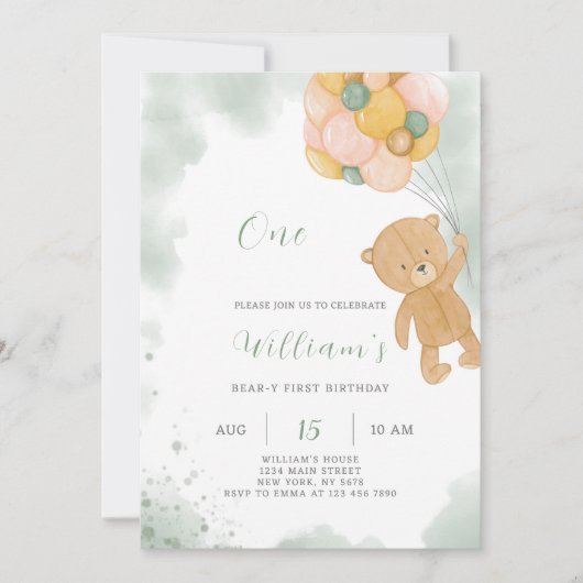 Green Teddy Birthday Einladung (Vorderseite)