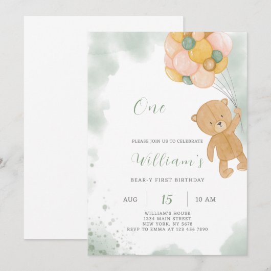 Green Teddy Birthday Einladung (Vorne/Hinten)