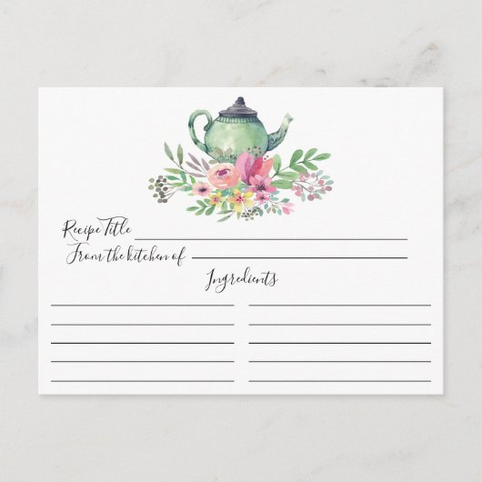 Green Tee Pot Floral Rezept Card Postkarte (Vorderseite)