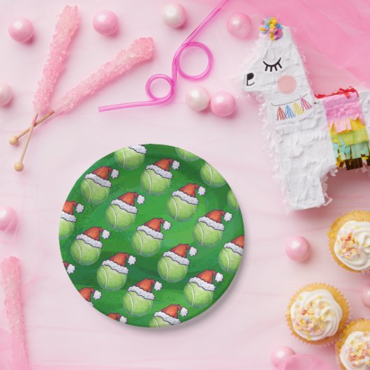 Green Tennis Ball in Weihnachtsmannmütze Muster Pappteller (Party)