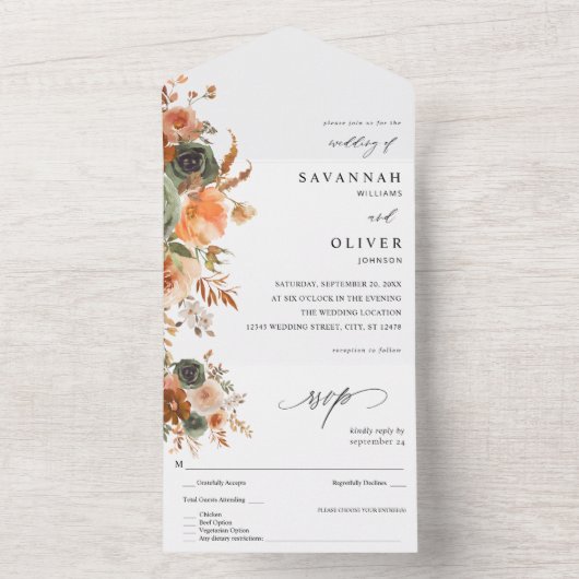 Green & Terra Cotta Floral Wedding All In One Einladung (Innen Boden)