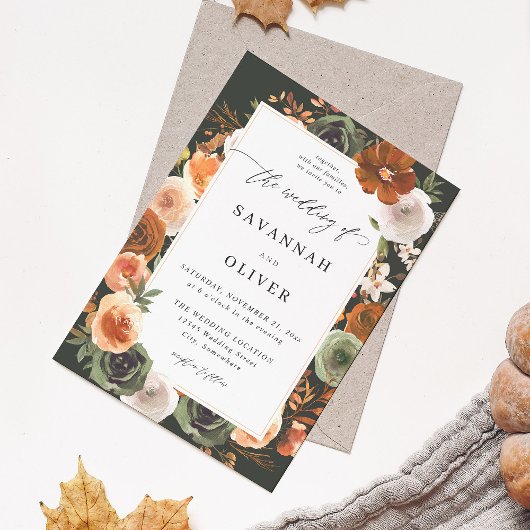 Green & Terra Cotta Floral Wedding S2 - Dunkelgrün Einladung