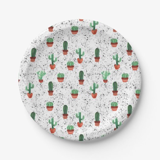 Green Terracotta Cactus Pots Spritzer Pattern Pappteller (Vorderseite)