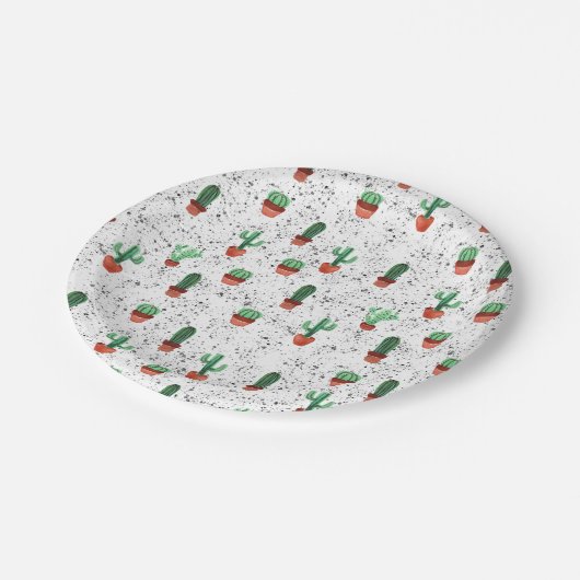 Green Terracotta Cactus Pots Spritzer Pattern Pappteller (Schrägansicht)