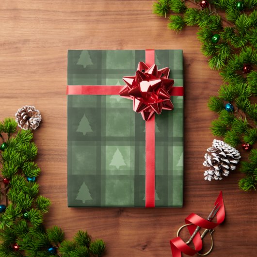 Green Textured Plaid With Fir Trees Christmas Geschenkpapier (Feiertagsgeschenk)