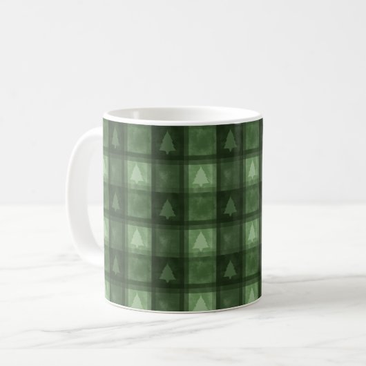 Green Textured Plaid With Tree Silhouettes Festive Kaffeetasse (Vorderseite Links)