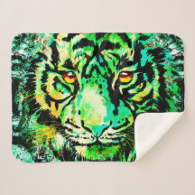 Green Tiger Head - farbenfrohe Tiger Sherpa Blanke