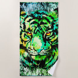 Green Tiger Head Portrait - Tiger Beach Handtuch