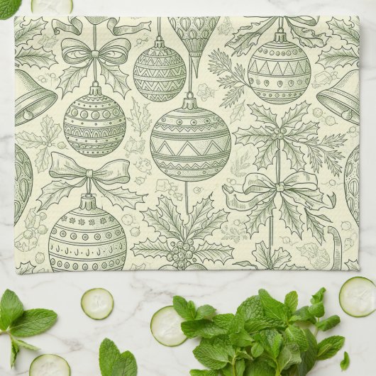Green Toile Christmas Bells & Ornaments Pattern 2 Geschirrtuch (Gefaltet)