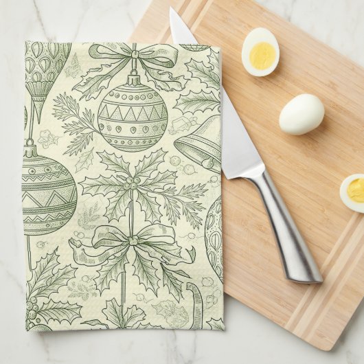 Green Toile Christmas Bells & Ornaments Pattern 2 Geschirrtuch (Viertel Falte)