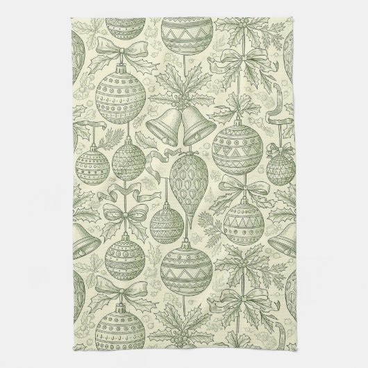 Green Toile Christmas Bells & Ornaments Pattern 2 Geschirrtuch (Vertikal)