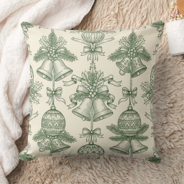 Green Toile Christmas Bells & Ornaments Pattern Kissen (Decke)
