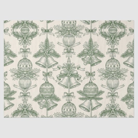 Green Toile Christmas Bells & Ornaments Pattern Seidenpapier (Vorderseite)