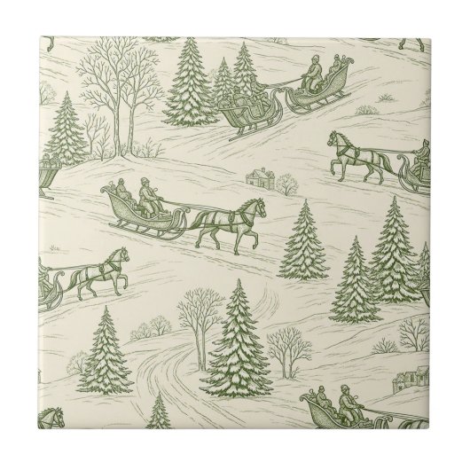 Green Toile Christmas Sleigh Ride Pattern (2) Fliese (Vorderseite)