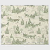 Green Toile Christmas Sleigh Ride Pattern (2) Geschenkpapier (Flach)
