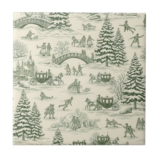 Green Toile Christmas Sleigh Ride Pattern (3) Fliese (Vorderseite)