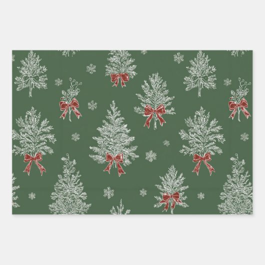 Green Toile Christmas Tree Pattern Geschenkpapier Set (Vorderseite)