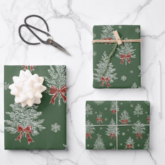 Green Toile Christmas Tree Pattern Geschenkpapier Set (Vorderseite)