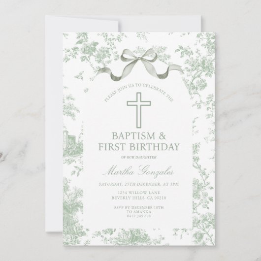Green Toile de Jouy Baptism & First Birthday Bow  Einladung (Vorderseite)