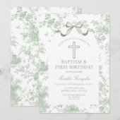 Green Toile de Jouy Baptism & First Birthday Bow  Einladung (Vorne/Hinten)