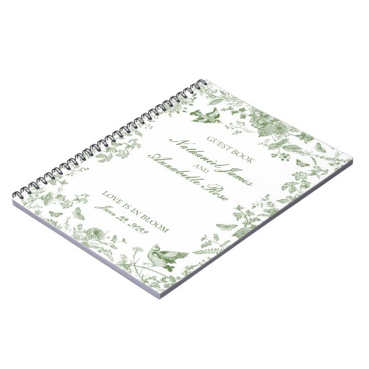 Green Toile De Jouy Floral Wedding Gästebuch Notizblock (Linke Seite)