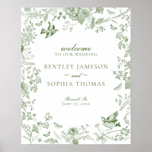 Green Toile De Jouy Floral Wedding Willkommenszeic Poster (Vorne)