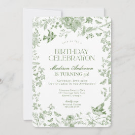 Green Toile De Jouy French Floral Birthday Party Einladung