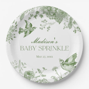 Green Toile De Jouy Vintag Floral Baby Sprinkle Pappteller