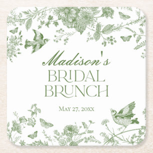 Green Toile De Jouy Vintag Floral Bridal Brunch Rechteckiger Pappuntersetzer