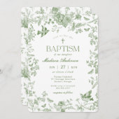 Green Toile De Jouy Vintage Blumentaufe Einladung (Vorne/Hinten)