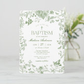 Green Toile De Jouy Vintage Blumentaufe Einladung (Stehend Vorderseite)